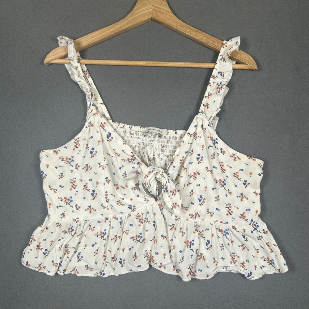 American Eagle Cami Women XL White Floral Tie Front Smocked Ruffle Crop Top